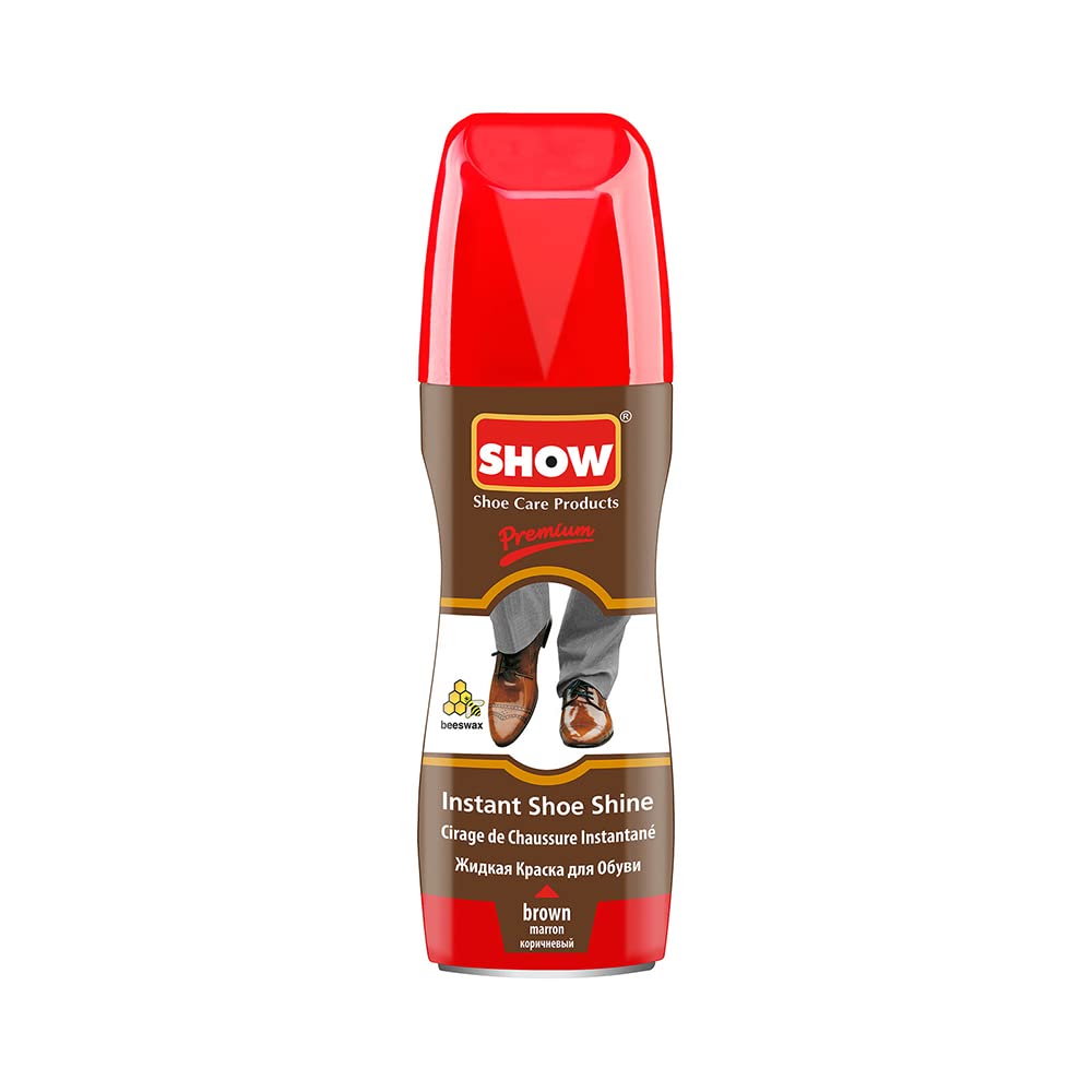 SHOW Brown Instant Leather Shoe Shine Liquid for Shoe Boots Bags- Unisex 1 unit 75ml Bottle with Sponge for Instant Leather Colour Nourish and Condition - Leather Care Products