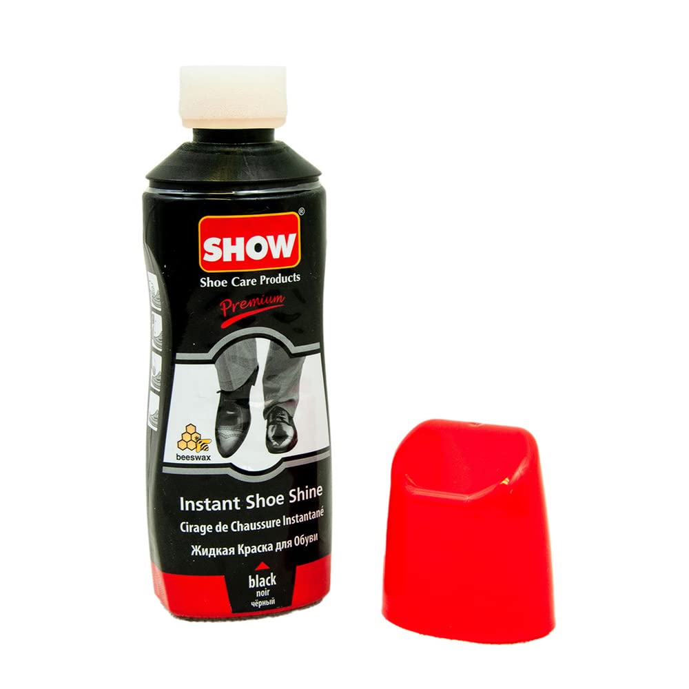 SHOW Black Instant Leather Shoe Shine Liquid for Shoe Boots Bags - Unisex 1 unit 75ml Bottle with Sponge for Instant Leather Colour Nourish and Condition - Leather Care Products