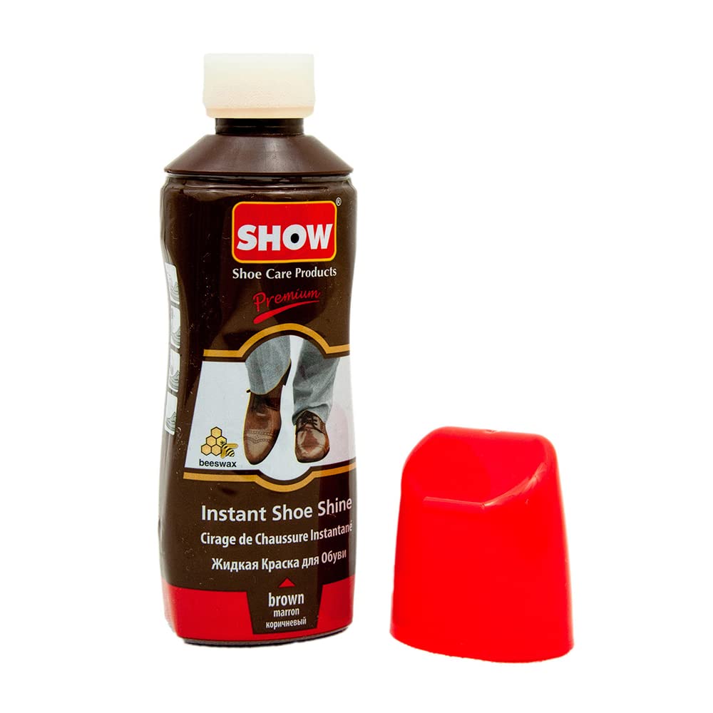 SHOW Brown Instant Leather Shoe Shine Liquid for Shoe Boots Bags- Unisex 1 unit 75ml Bottle with Sponge for Instant Leather Colour Nourish and Condition - Leather Care Products