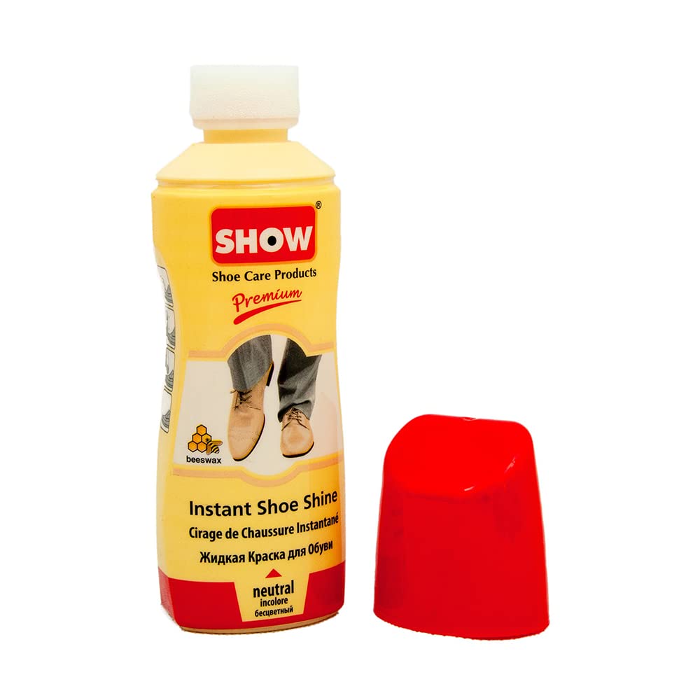 SHOW Neutral Instant Leather Shoe Shine Liquid for Shoe Boots Bags- Unisex 1 unit 75ml Bottle with Sponge for Instant Colour Nourish and Condition