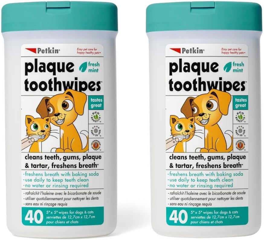 Petkin Plaque Toothwipes Fresh Mint 2 Packs of 40 Wipes - Cleans Teeth, Gums, Plaque & Tartar, freshens Breath. Tooth Wipe for cat or Dog.