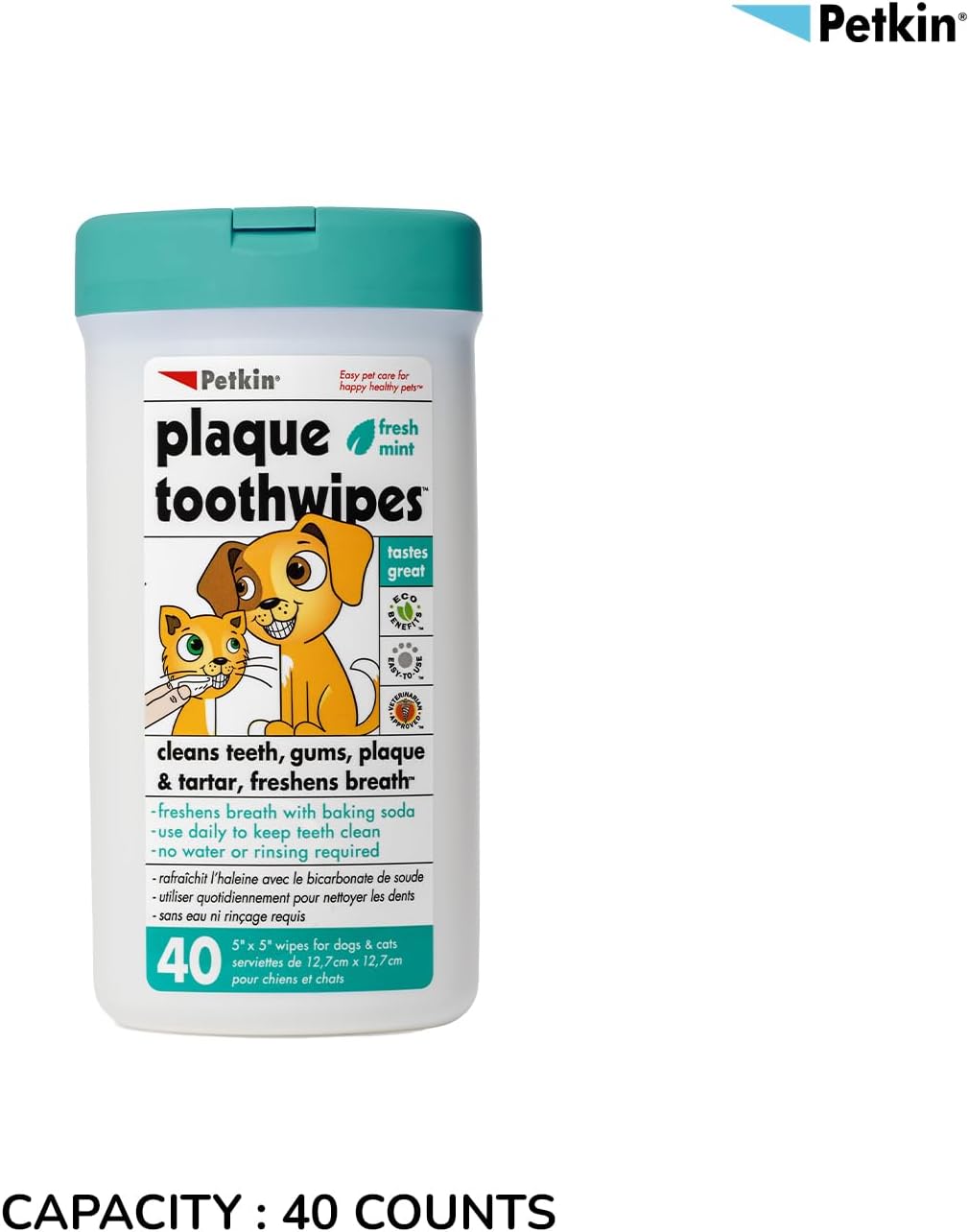 Petkin Plaque Toothwipes Fresh Mint 2 Packs of 40 Wipes - Cleans Teeth, Gums, Plaque & Tartar, freshens Breath. Tooth Wipe for cat or Dog.