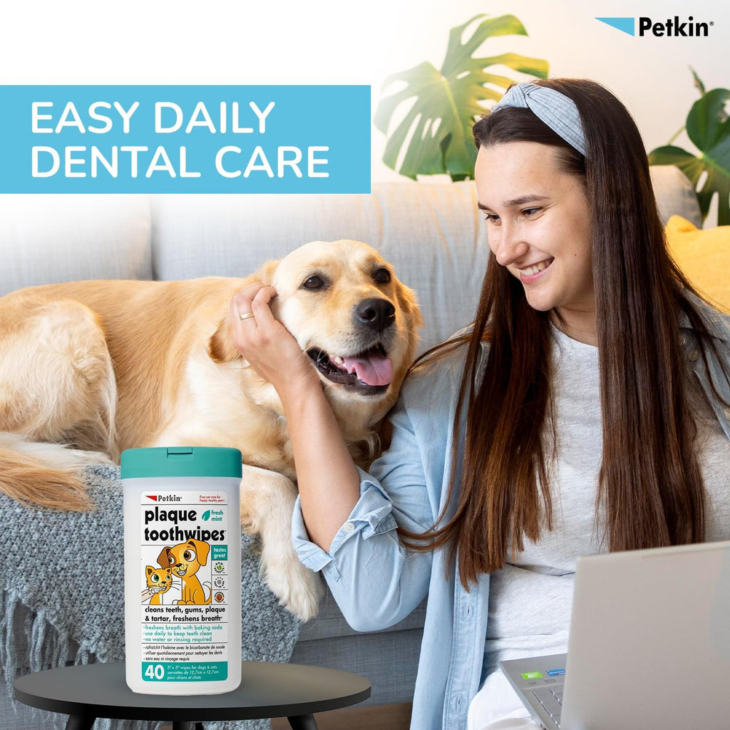 Petkin Plaque Toothwipes Fresh Mint 2 Packs of 40 Wipes - Cleans Teeth, Gums, Plaque & Tartar, freshens Breath. Tooth Wipe for cat or Dog.