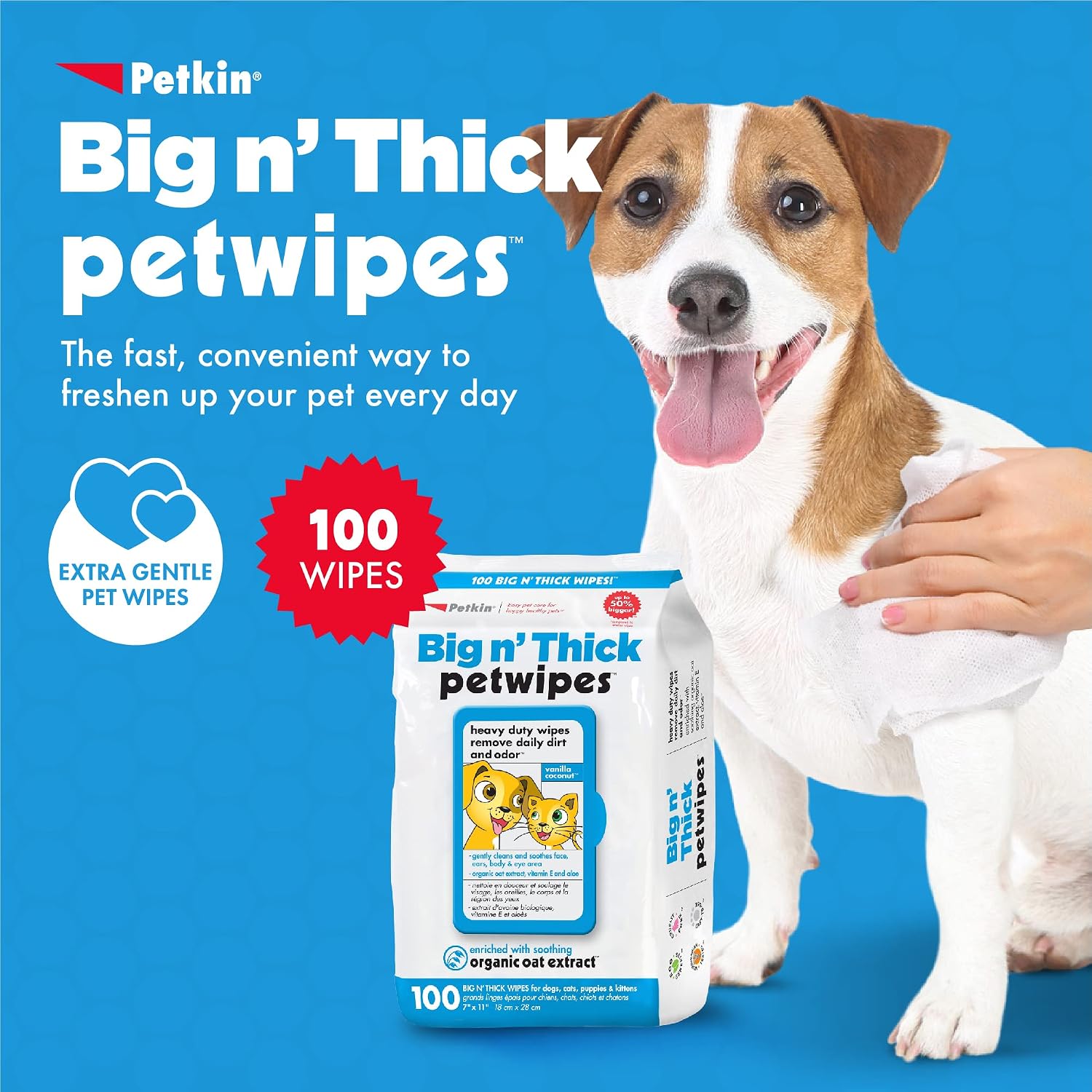 Petkin Petwipes, 100 Wipes – Big 'n Thick Extra Large Pet Wipes for Dogs and Cats – Cleans Face, Ears, Body and Eye Area – Super Convenient, Ideal for Home or Travel – Single Pack of 100 Wipes